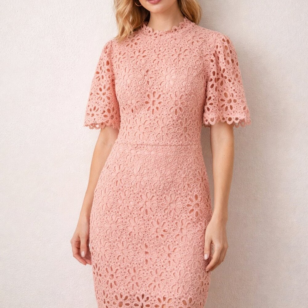 Aomei Womens L Pink Lace Midi Dress Short Sleeve Eyelet Sheath Elegant Occasion